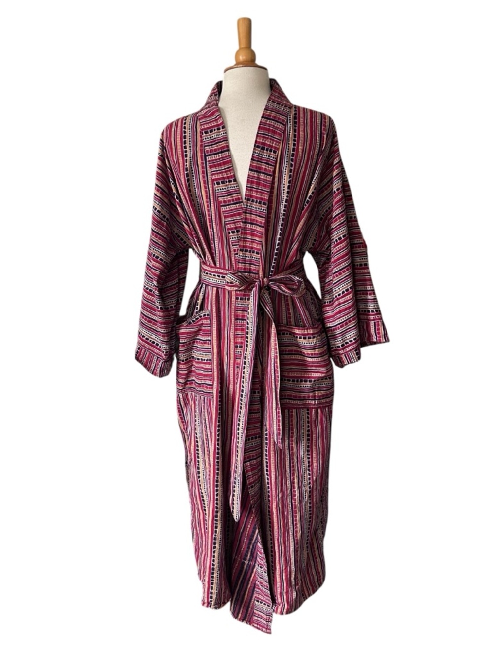 Vintage Batik Tribal Print Cotton Light weight Bath Robe with Belt - One Size - Picture 8 of 9